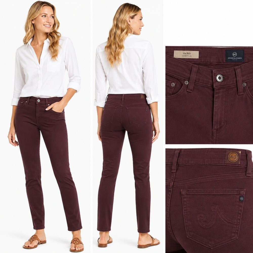 AG Jeans Pants Womens 26 Burgundy The Stilt Cigarette‎ Leg Slim Fit Maroon Denim